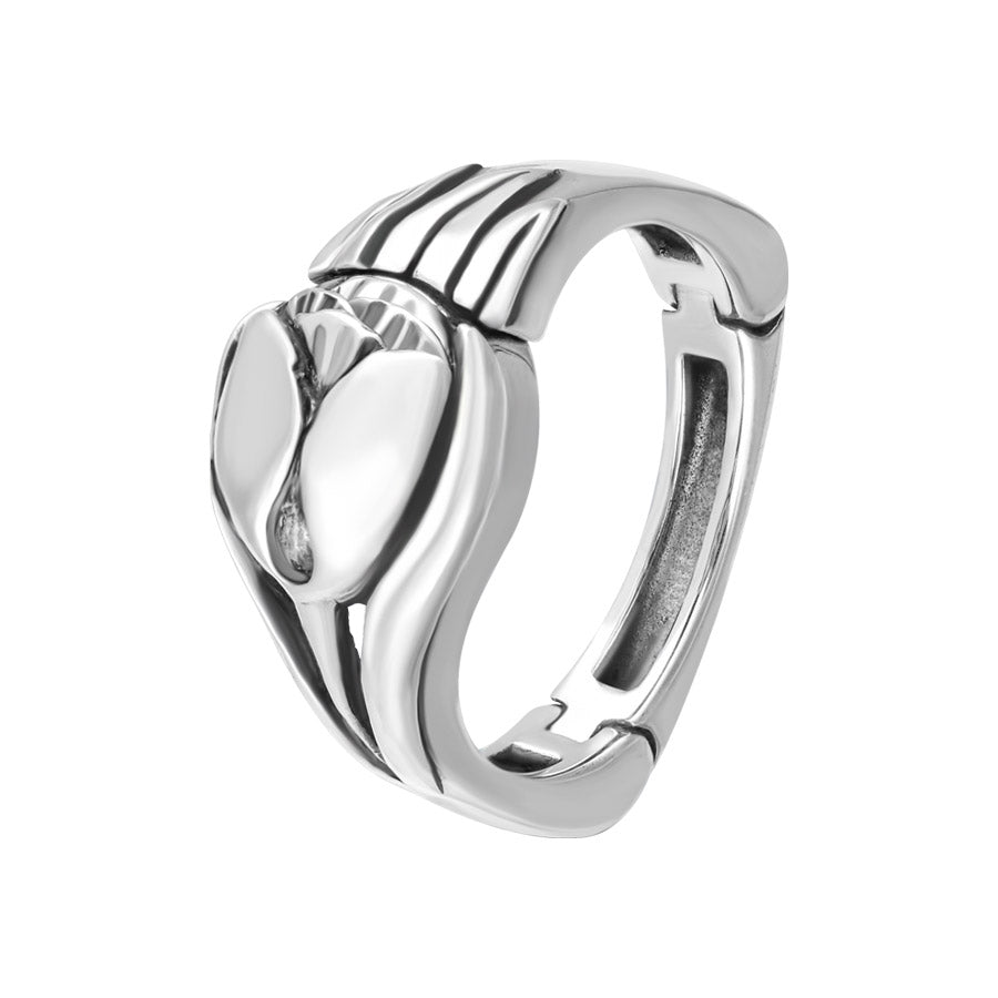 Silver Tulip Ring with a hinged magnetic-lock system. 