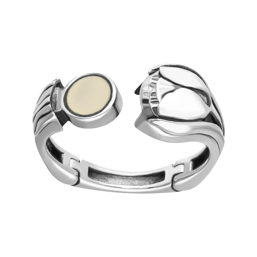 Silver Tulip Ring with a hinged magnetic-lock system. 